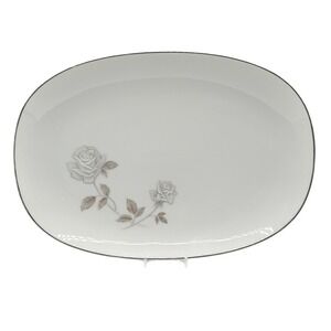 Noritake Rosay 6216 Oval Serving Platter China White Platinum Rose Vintage Japan